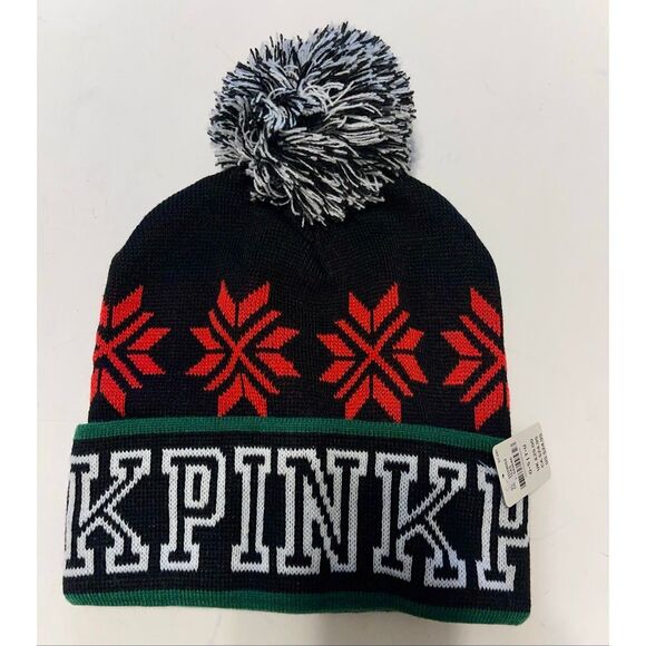 NEW WITH TAGS VICTORIAS SECRET PINK BRAND POM POM HAT BLACK GREEN - Picture 1 of 3